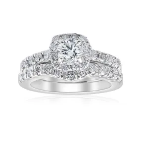 1 1/4Ct Cushion Halo Diamond Engagement Matching Wedding Ring Set 14K White Gold