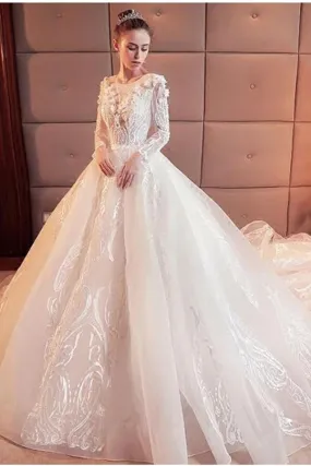 2024 Gorgeous Scoop Lace Appliques Flowers White Organza Long Sleeve Wedding Dresses JS177