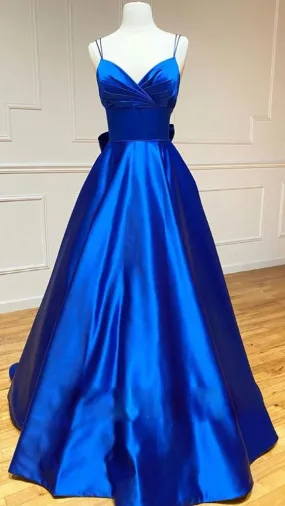 A-line Satin V Neck Royal Blue Prom Dresses Evening Dresses Y1163