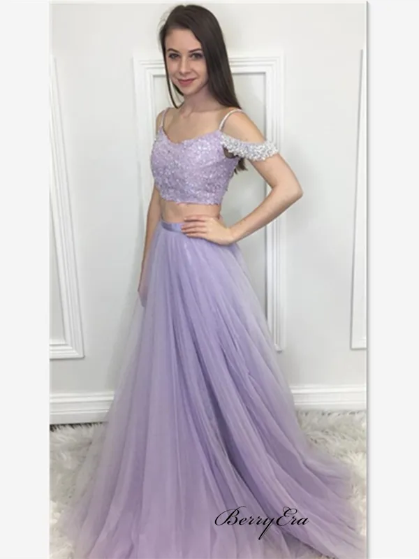 A-line Tulle Prom Dresses, Light Purple Prom Dresses, Off Shoulder Beaded Prom Dresses