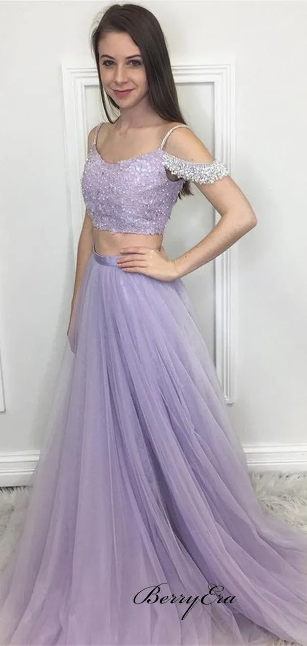 A-line Tulle Prom Dresses, Light Purple Prom Dresses, Off Shoulder Beaded Prom Dresses