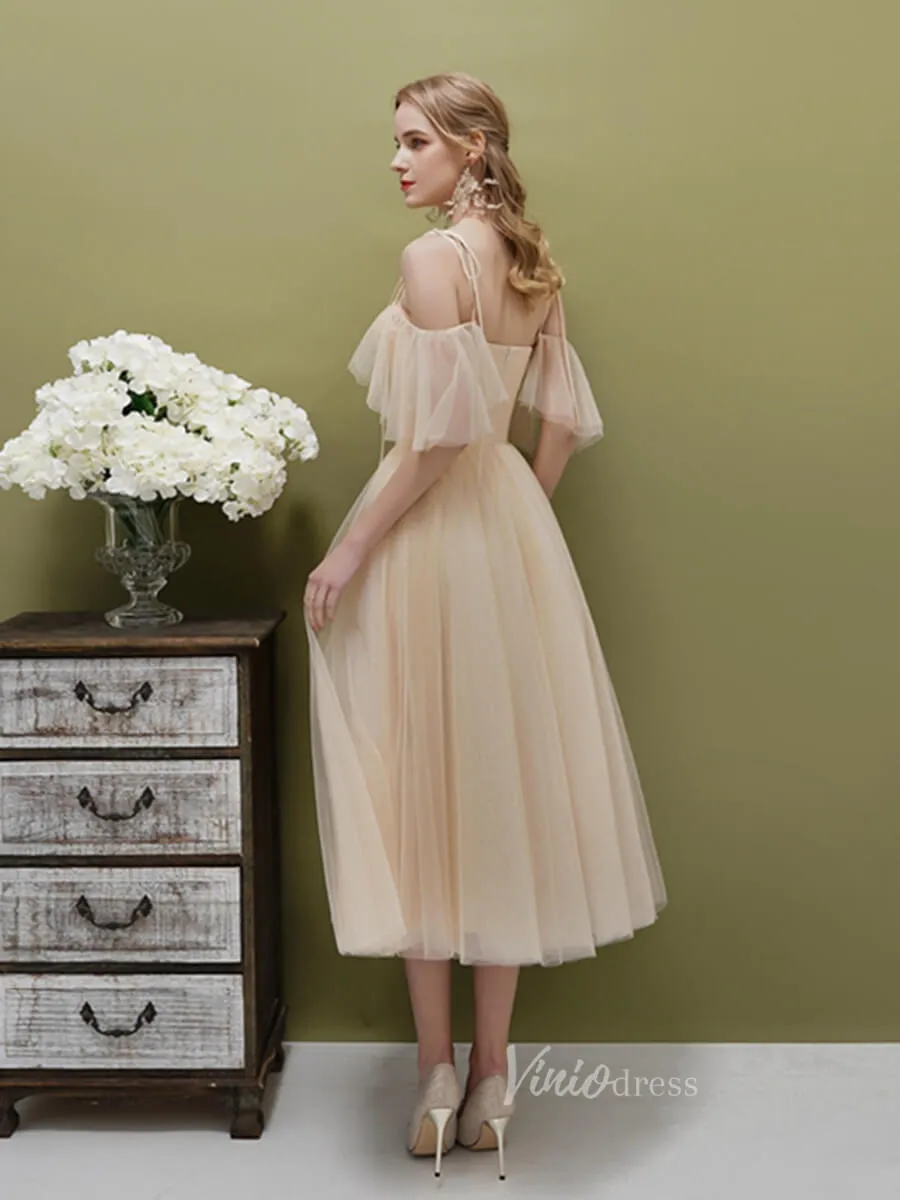 A-line Tulle Tea Length Prom Dresses Champagne FD2514