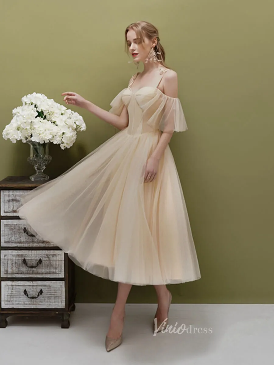 A-line Tulle Tea Length Prom Dresses Champagne FD2514