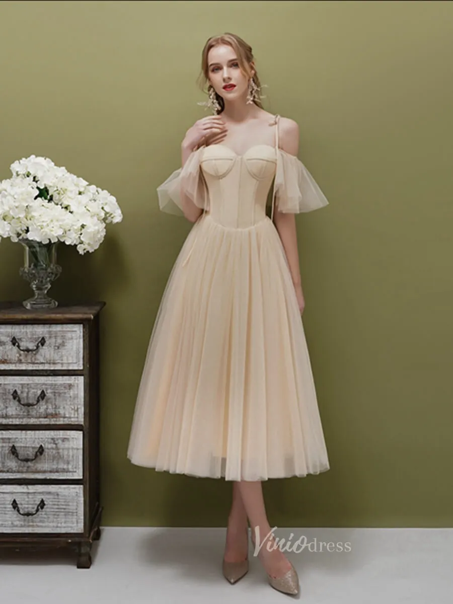 A-line Tulle Tea Length Prom Dresses Champagne FD2514