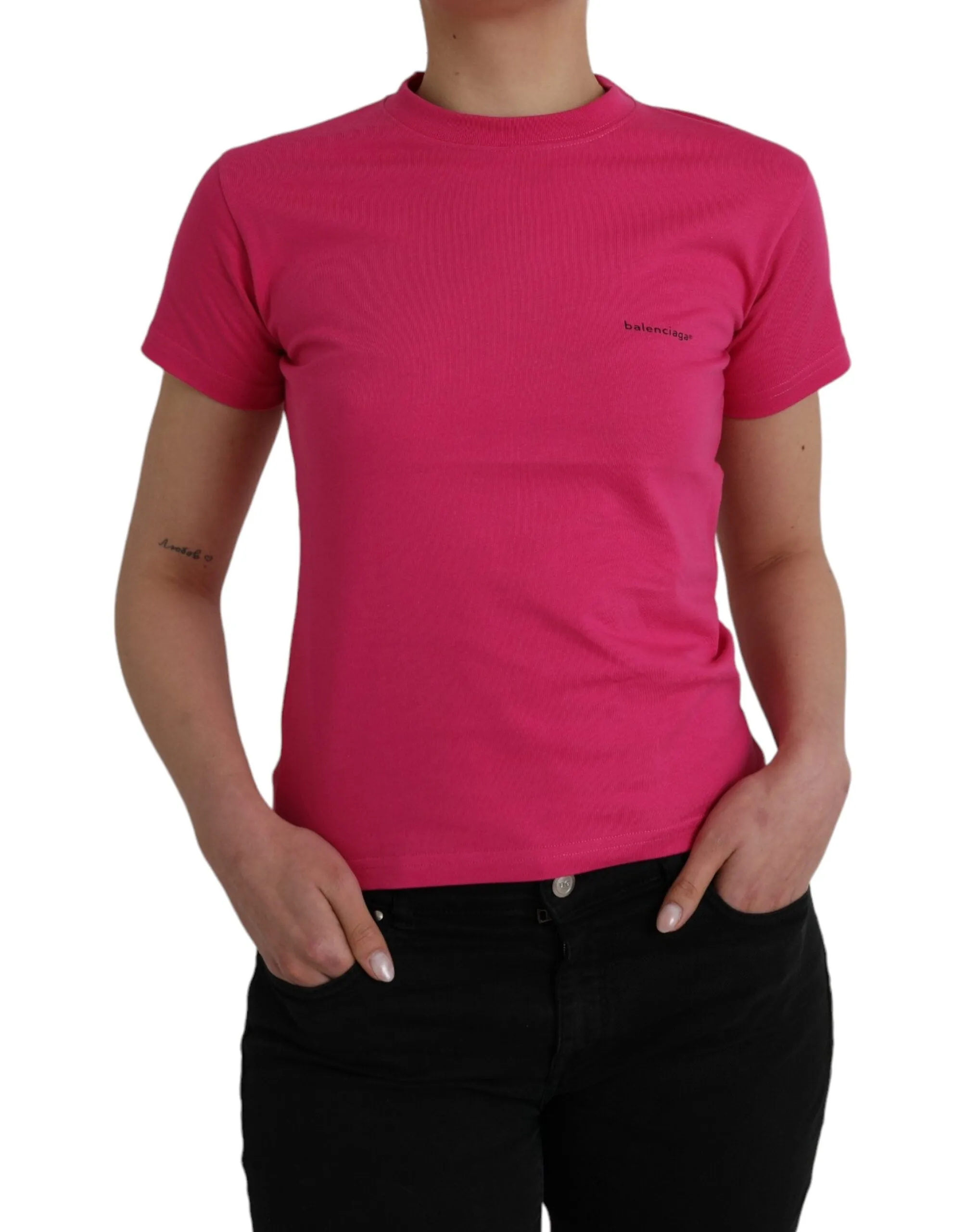 Balenciaga Pink Cotton Crew Neck Short Sleeves Tee Women's T-shirt