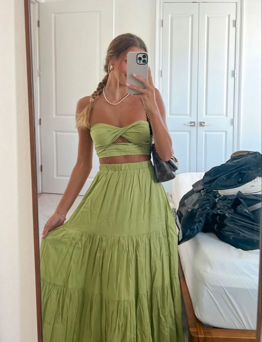 Beach Style Solid Color Two Piece Dress,Sexy Two Piece Prom Dress Y4369