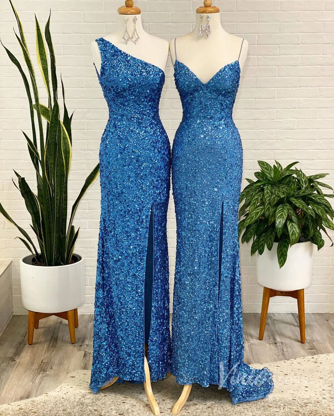 Beaded Sequin Blue Mermaid Prom Dress with Slit FD2836