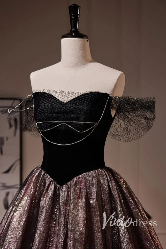 Black Jacquard Satin Prom Dresses Off the Shoulder Formal Dress AD1049