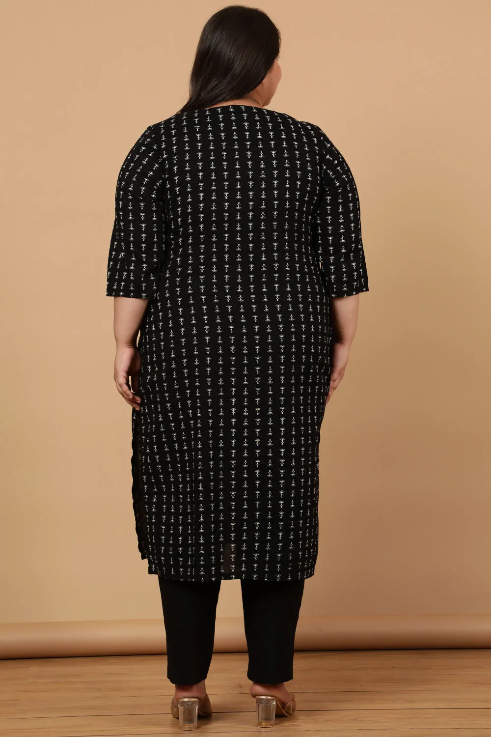 Black Linear Printed Cotton Kurta