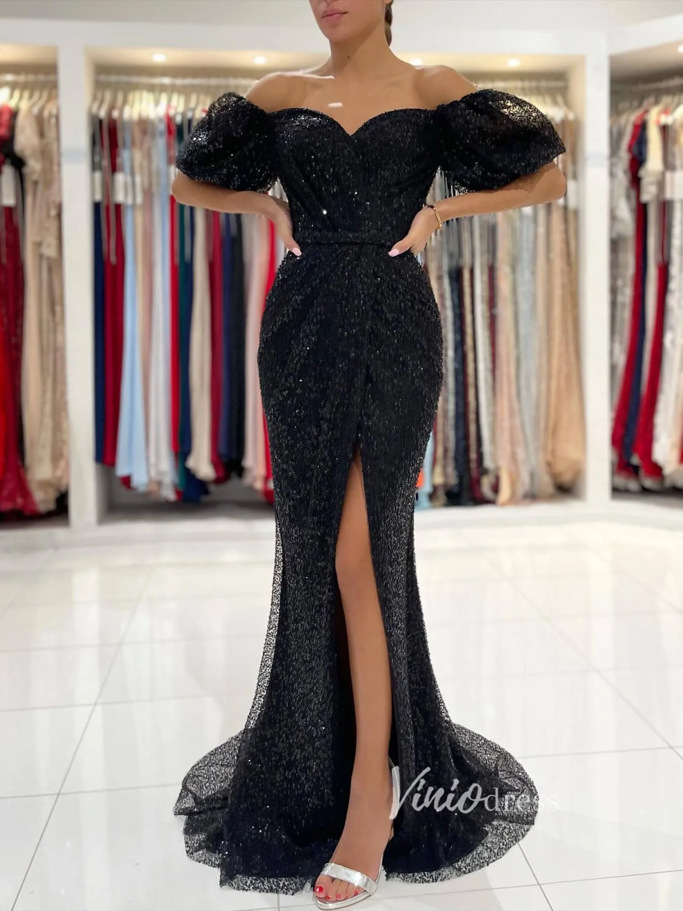 Black Mermaid Sequin Lace Prom Dress Off the Shoulder Evening Gown FD2733