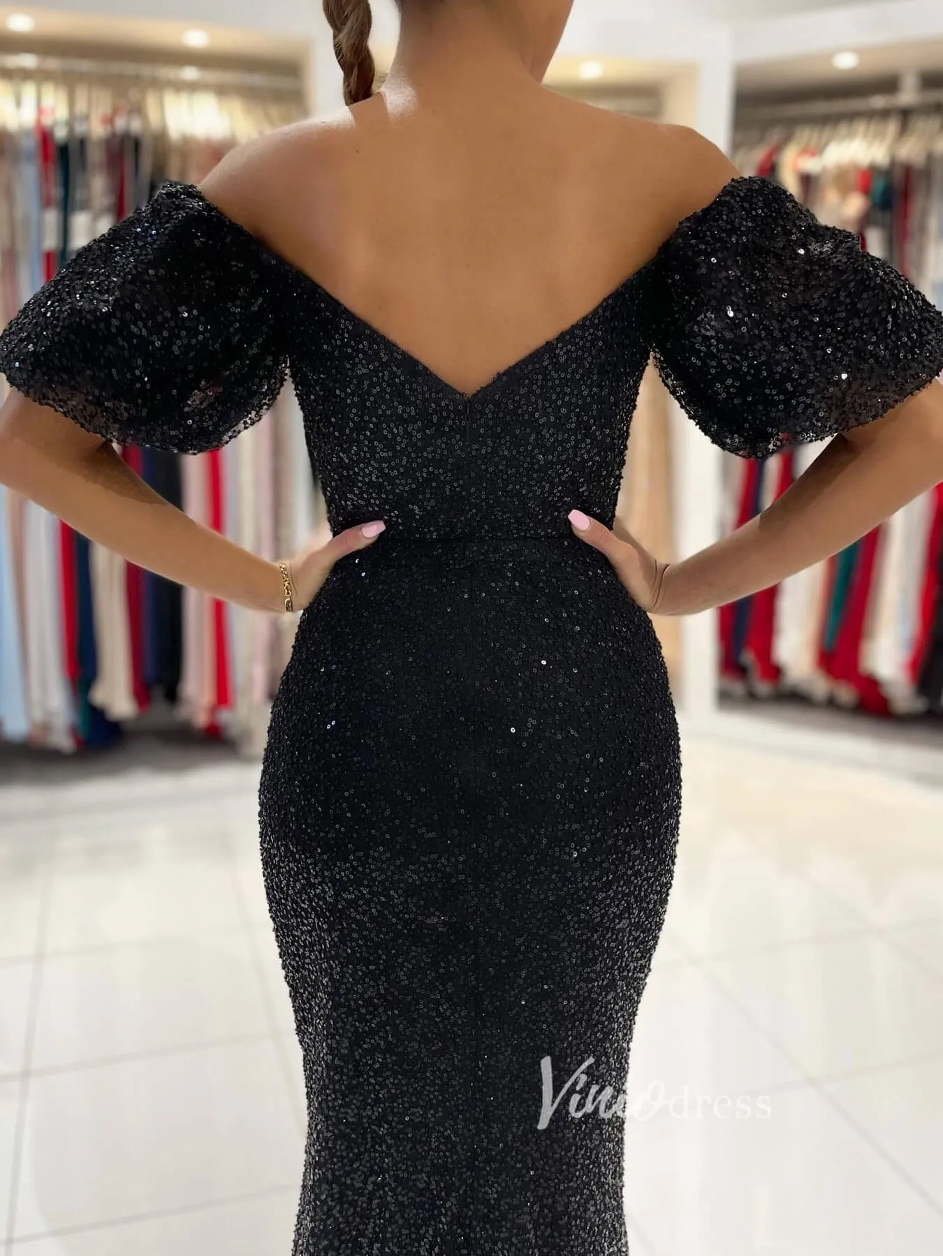 Black Mermaid Sequin Lace Prom Dress Off the Shoulder Evening Gown FD2733