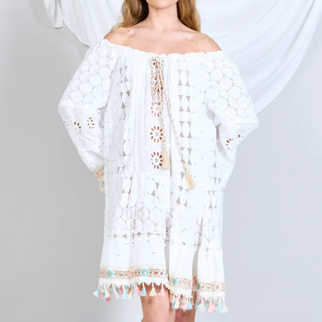 Boho embroided dress embellished with colourful tassels wholesale