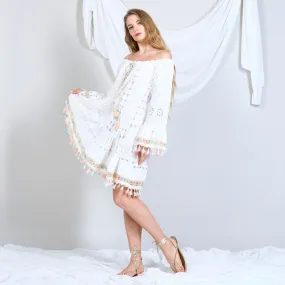 Boho embroided dress embellished with colourful tassels wholesale