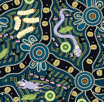 Bush Tucker Blue Aboriginal Pattern COTTON Fabric Per Metre