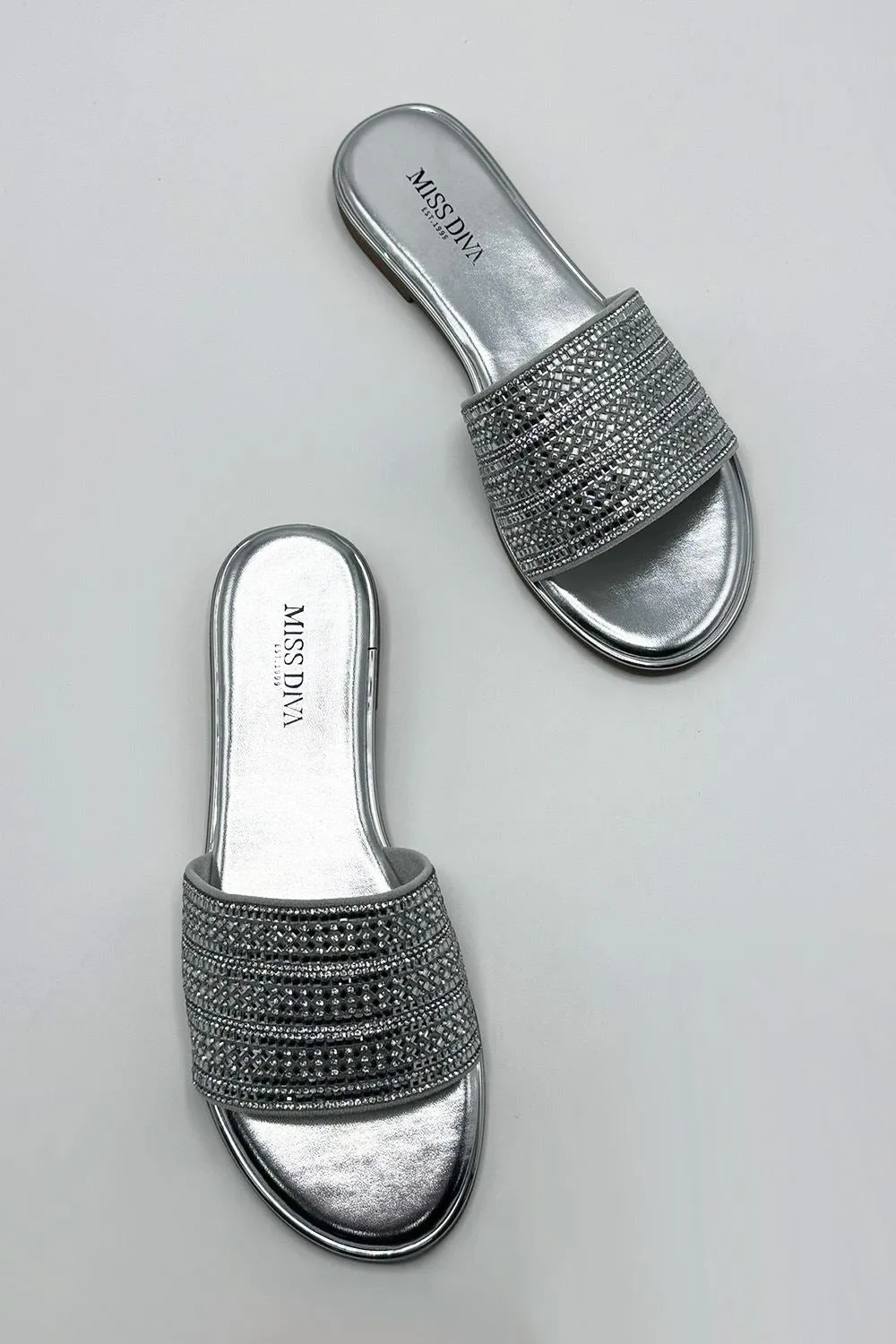 Camille Diamante Embellished Strap Sliders in Silver