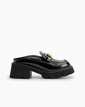 Classic Metal Buckle Backless Platform Goth Wedge Chunky Heel Loafers