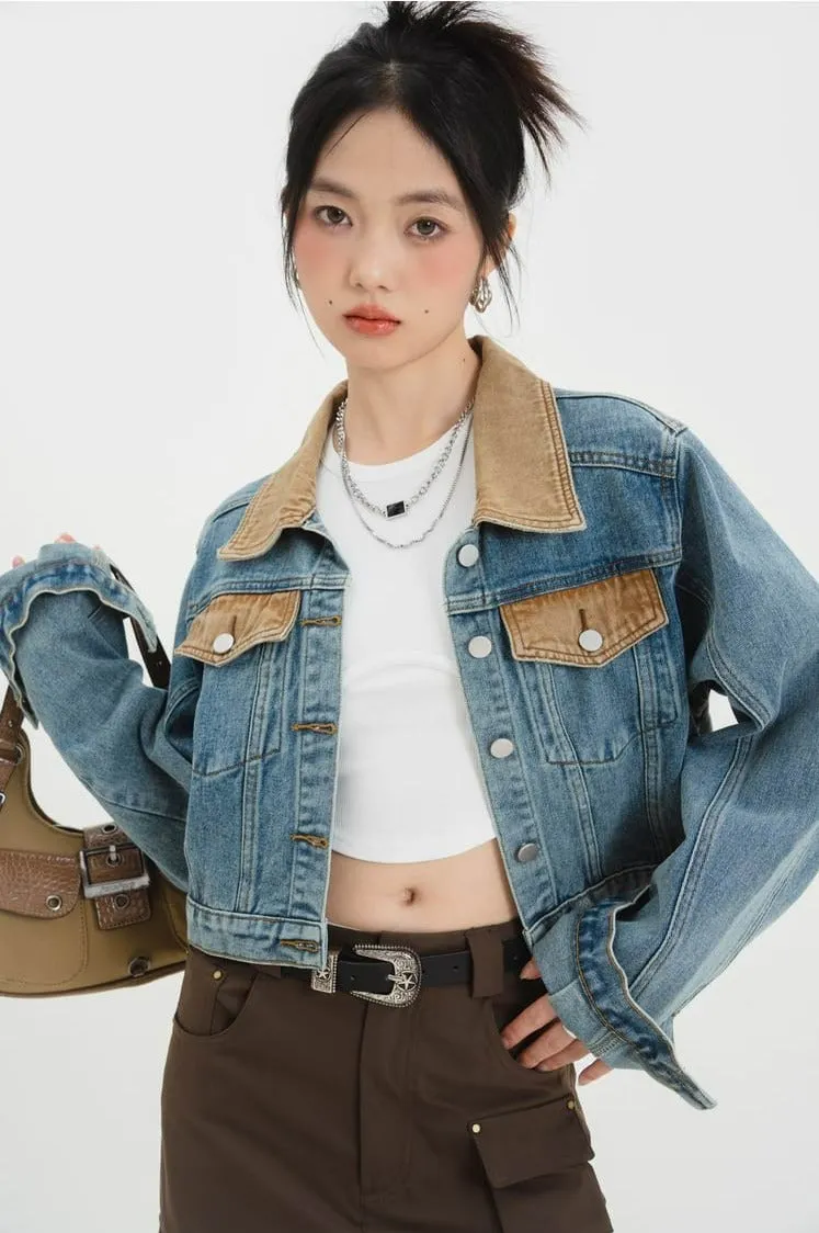 Contrast Collar Cropped Denim Jacket