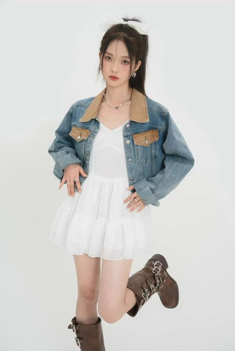 Contrast Collar Cropped Denim Jacket