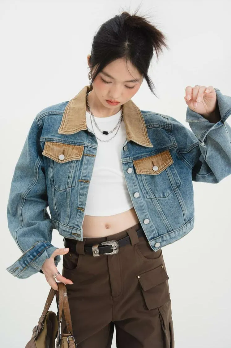 Contrast Collar Cropped Denim Jacket