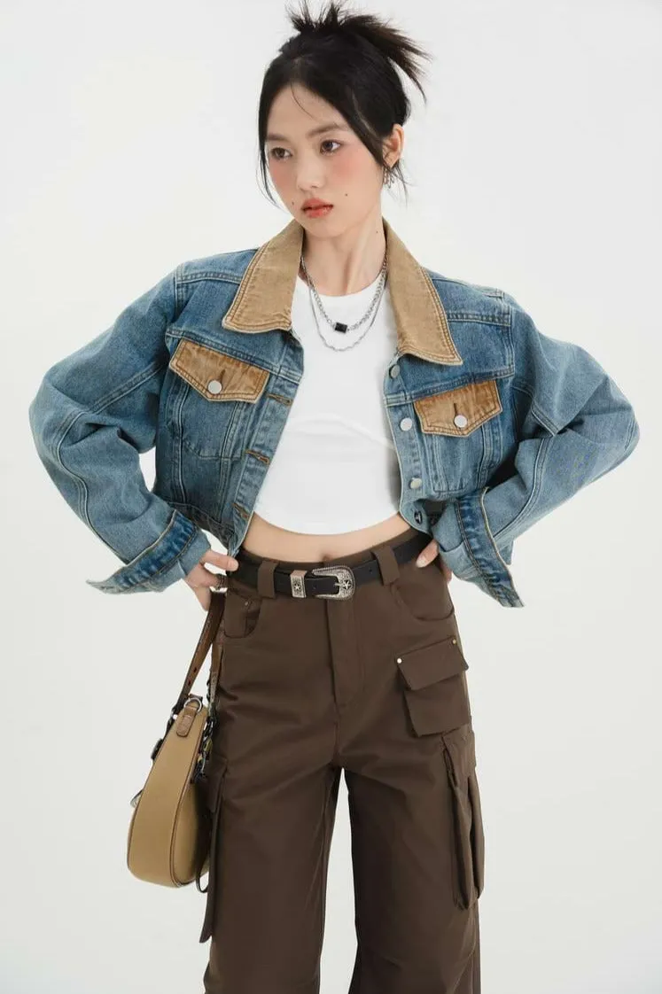 Contrast Collar Cropped Denim Jacket