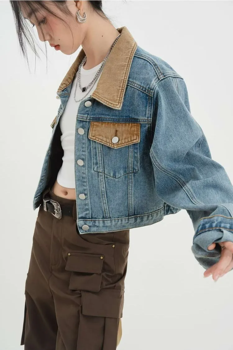 Contrast Collar Cropped Denim Jacket