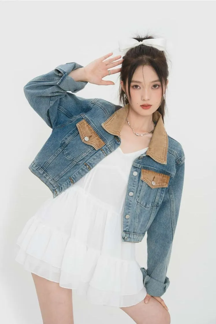 Contrast Collar Cropped Denim Jacket