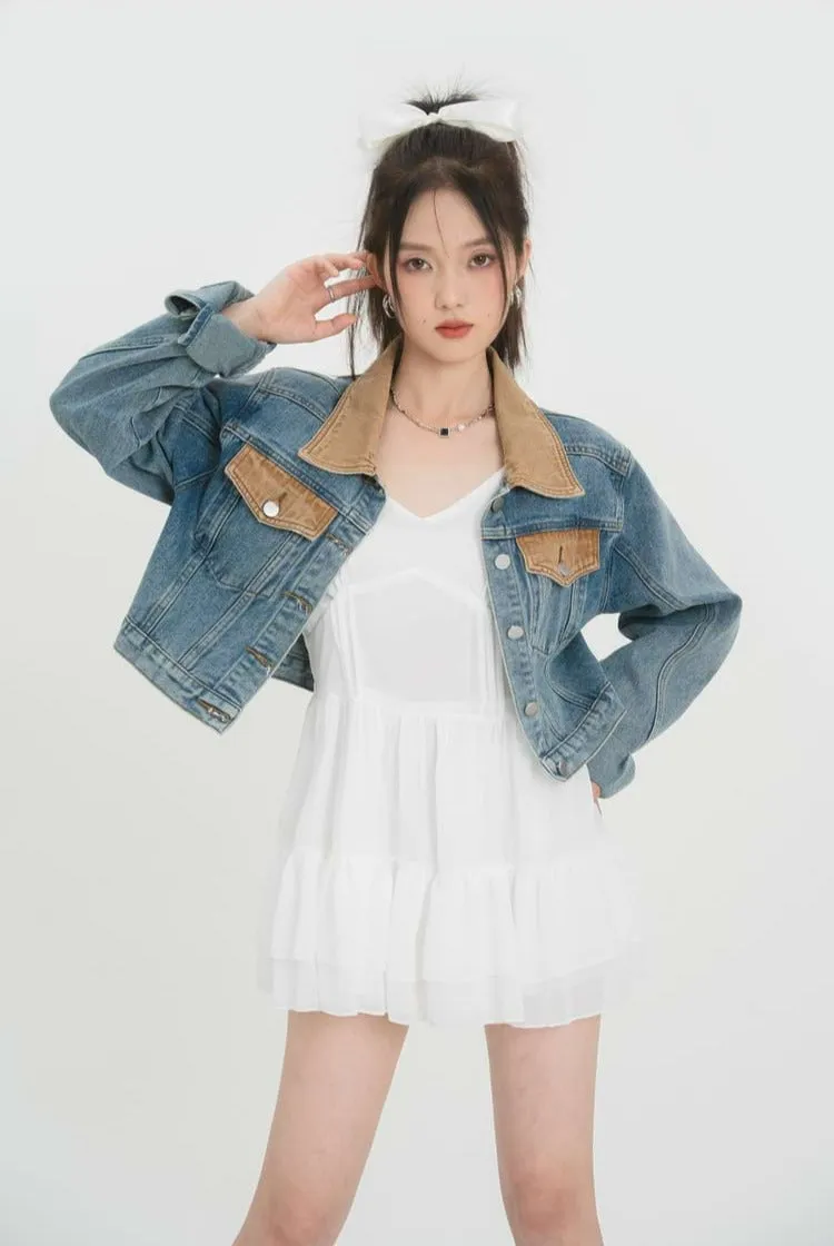 Contrast Collar Cropped Denim Jacket