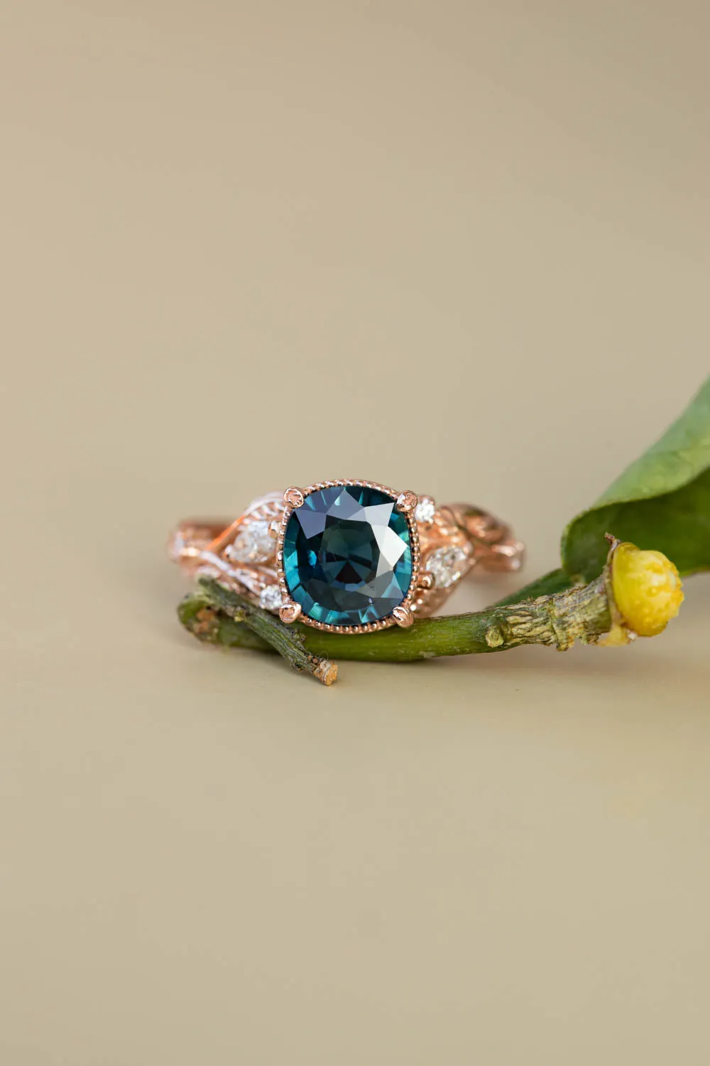 Cushion teal sapphire twig engagement ring, rose gold ring with leaves and diamonds / Patricia