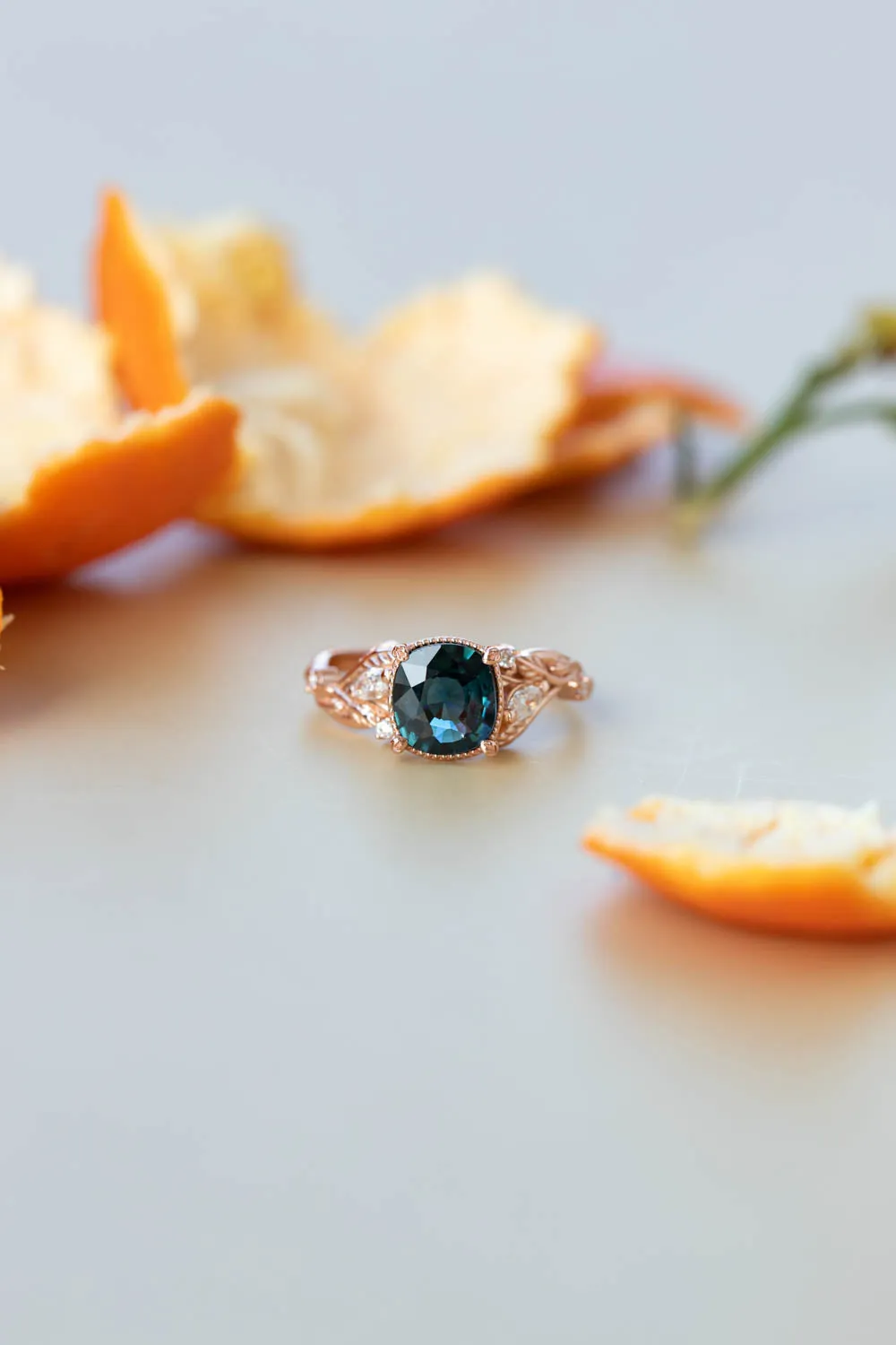 Cushion teal sapphire twig engagement ring, rose gold ring with leaves and diamonds / Patricia