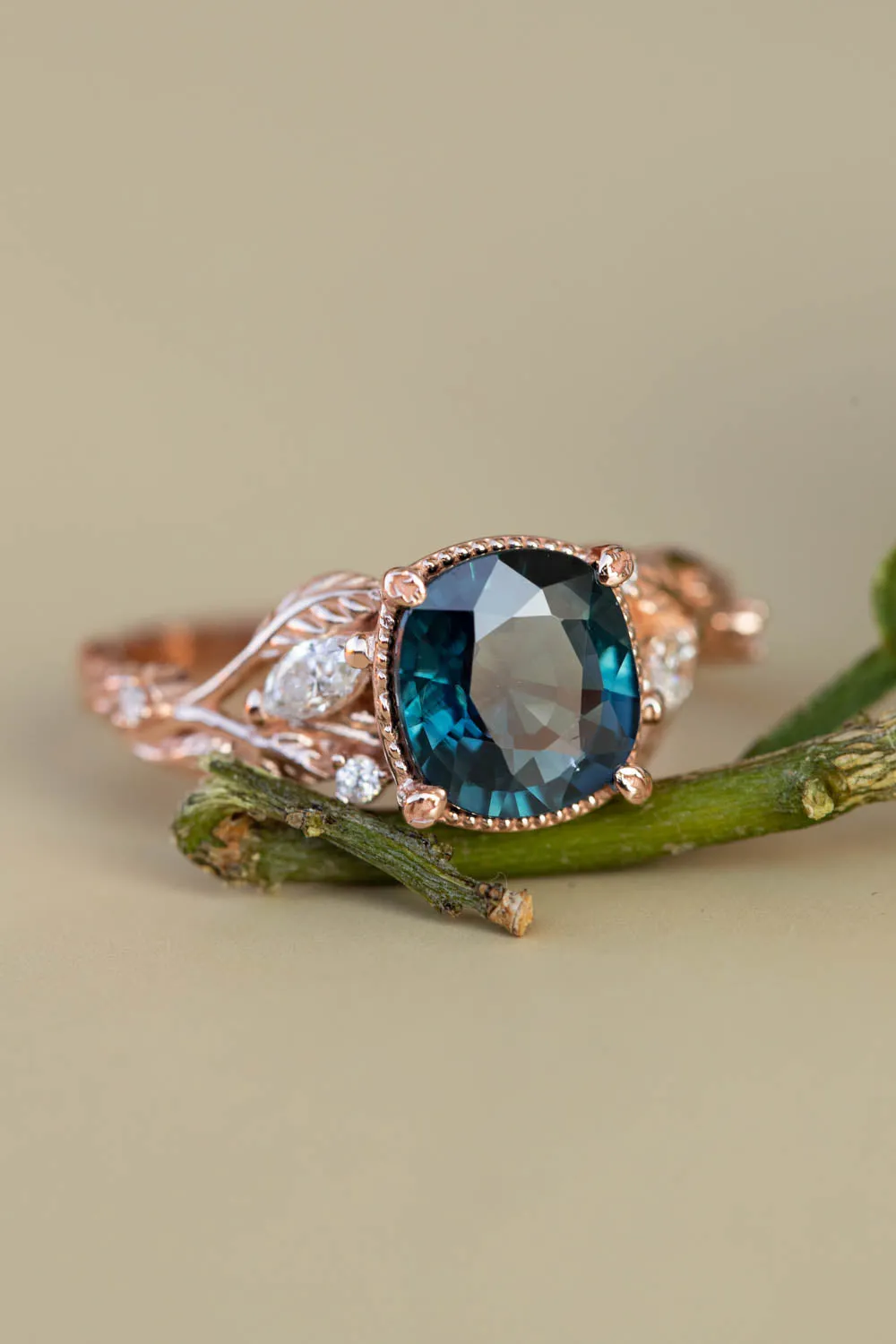 Cushion teal sapphire twig engagement ring, rose gold ring with leaves and diamonds / Patricia