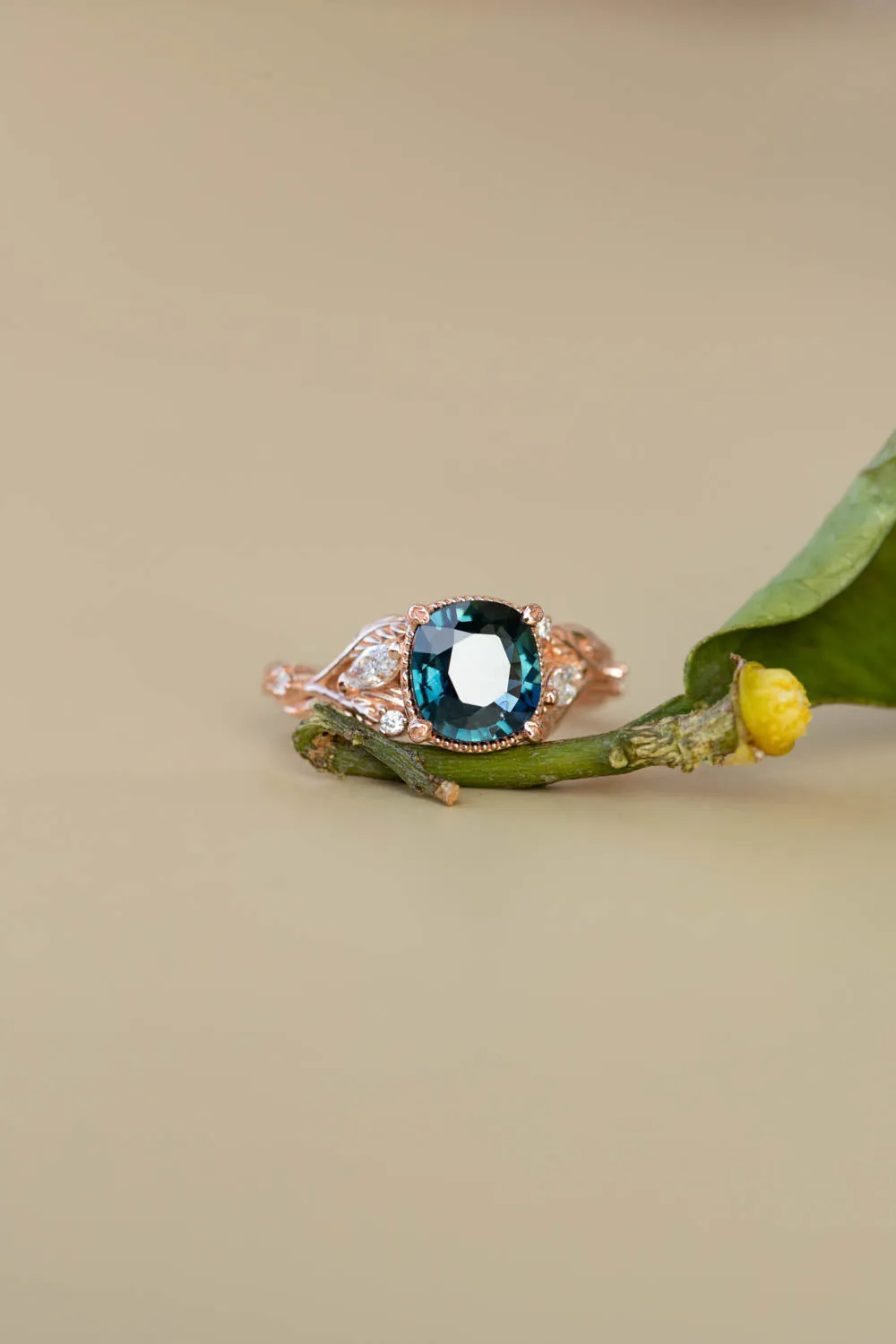 Cushion teal sapphire twig engagement ring, rose gold ring with leaves and diamonds / Patricia