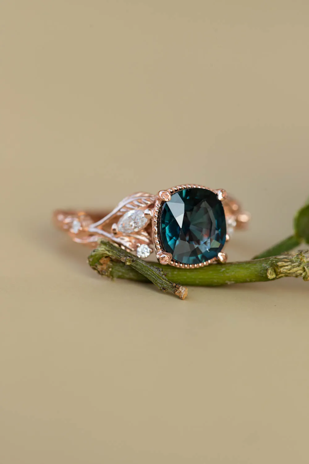 Cushion teal sapphire twig engagement ring, rose gold ring with leaves and diamonds / Patricia