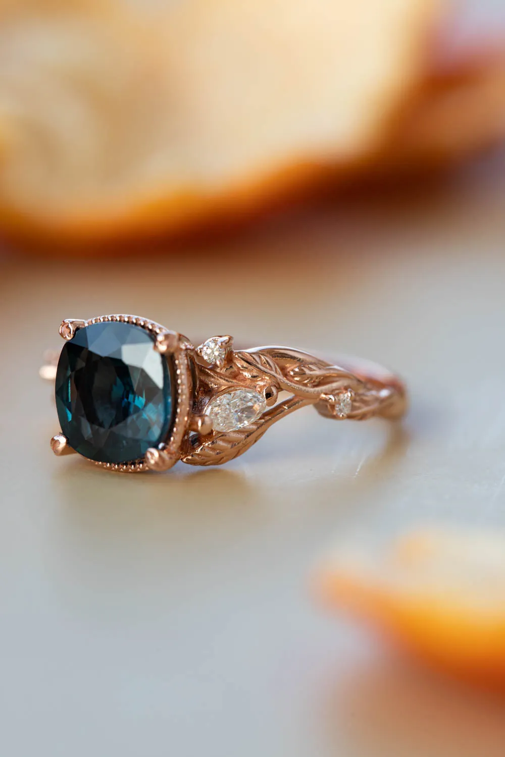 Cushion teal sapphire twig engagement ring, rose gold ring with leaves and diamonds / Patricia