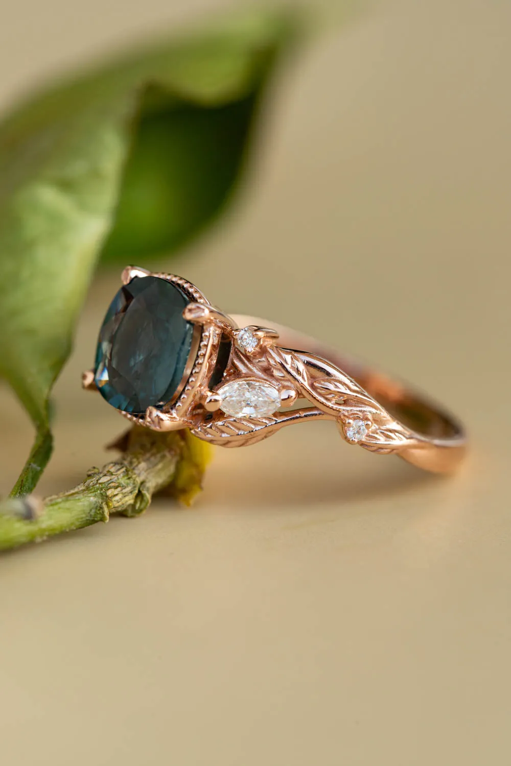 Cushion teal sapphire twig engagement ring, rose gold ring with leaves and diamonds / Patricia