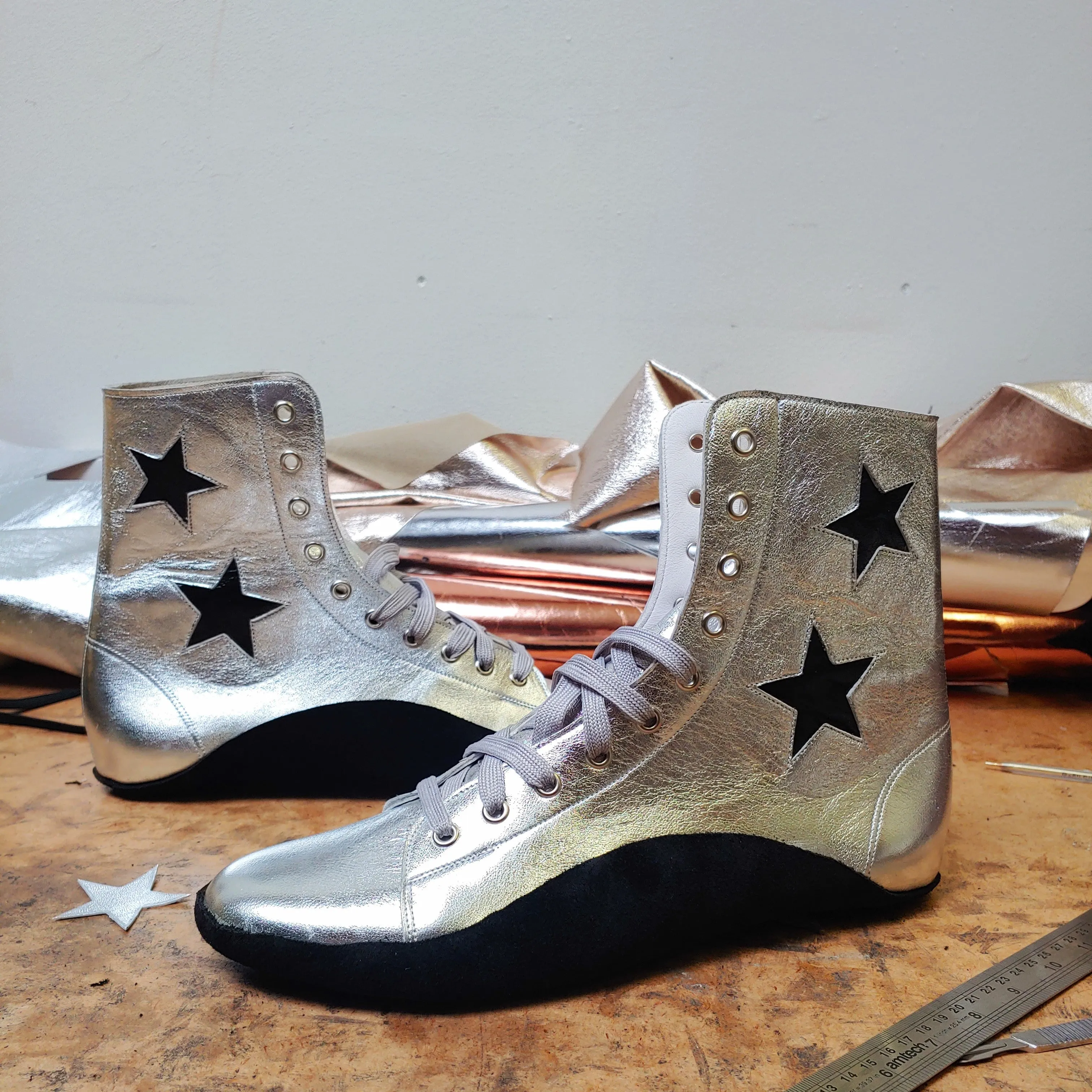 CUSTOM MADE Silver Tightrope Boots w/ 2 Black Stars