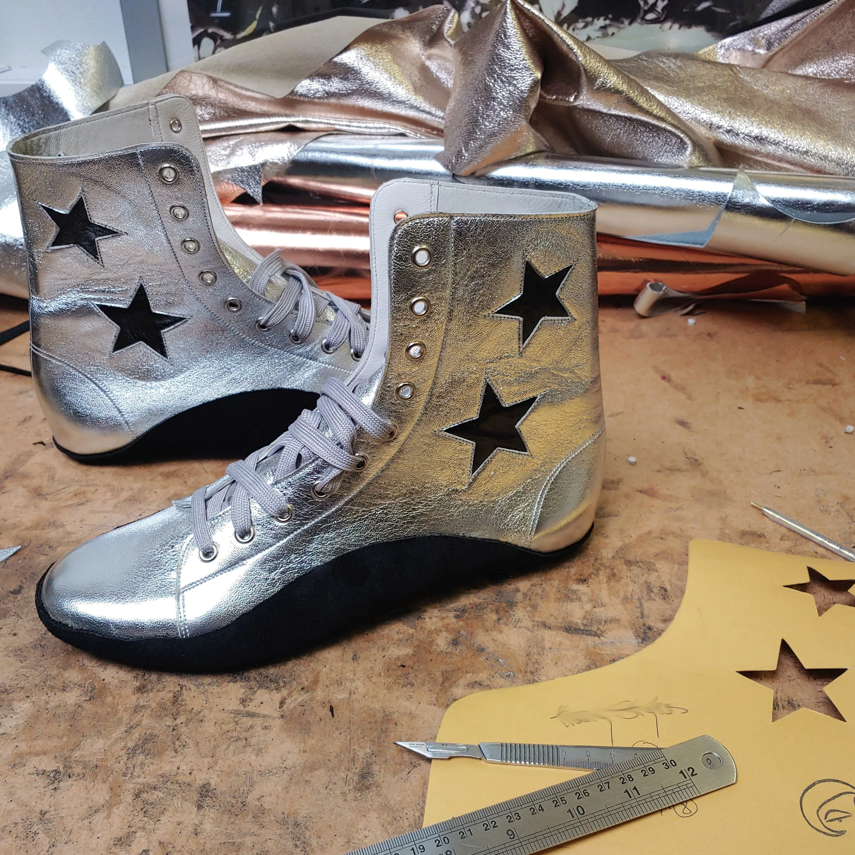 CUSTOM MADE Silver Tightrope Boots w/ 2 Black Stars