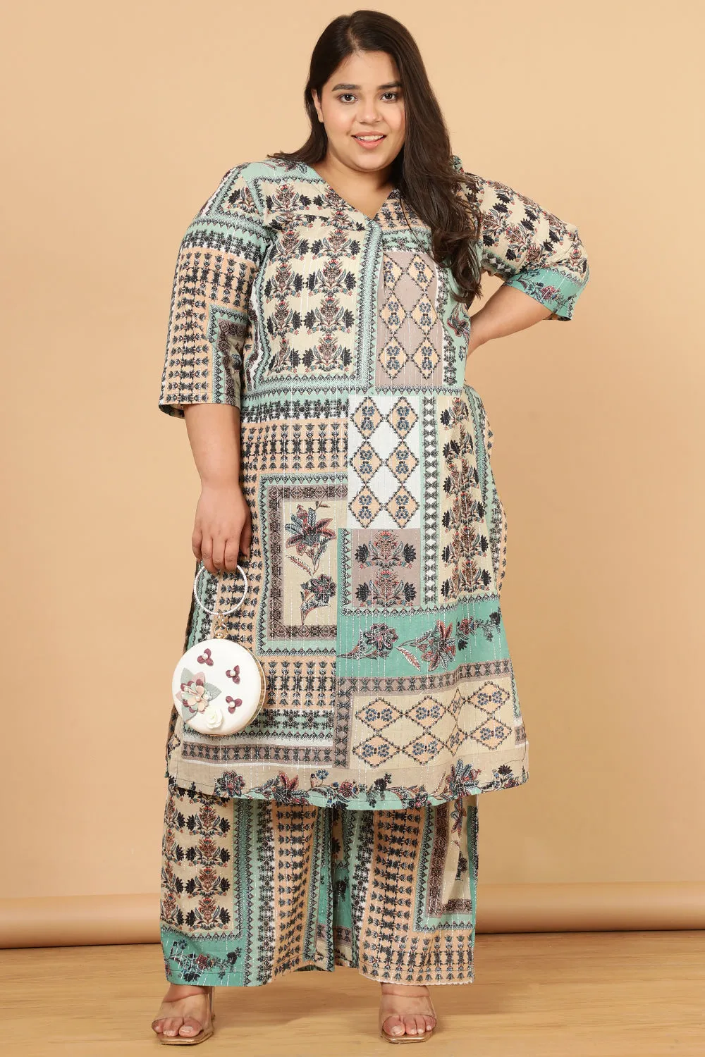 Green White Ethnic Scarf Print Cotton Kurta