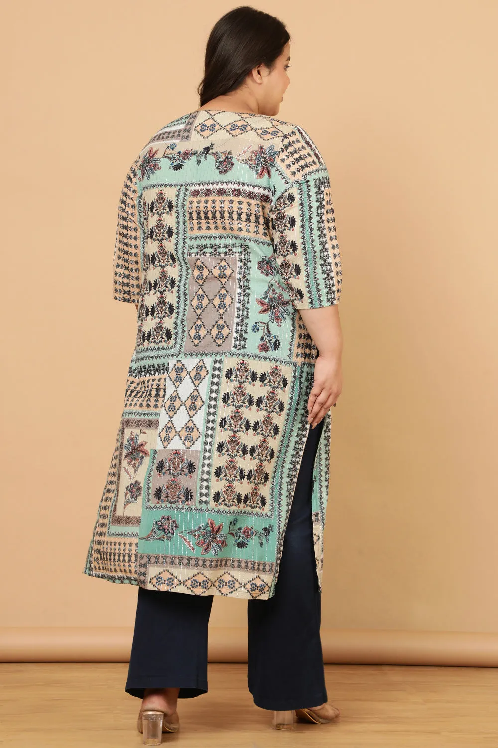 Green White Ethnic Scarf Print Cotton Kurta