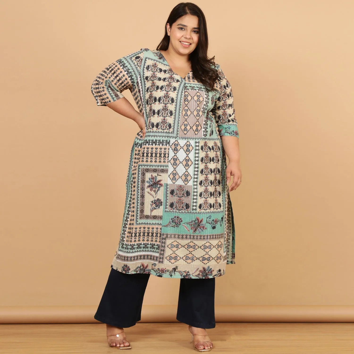 Green White Ethnic Scarf Print Cotton Kurta