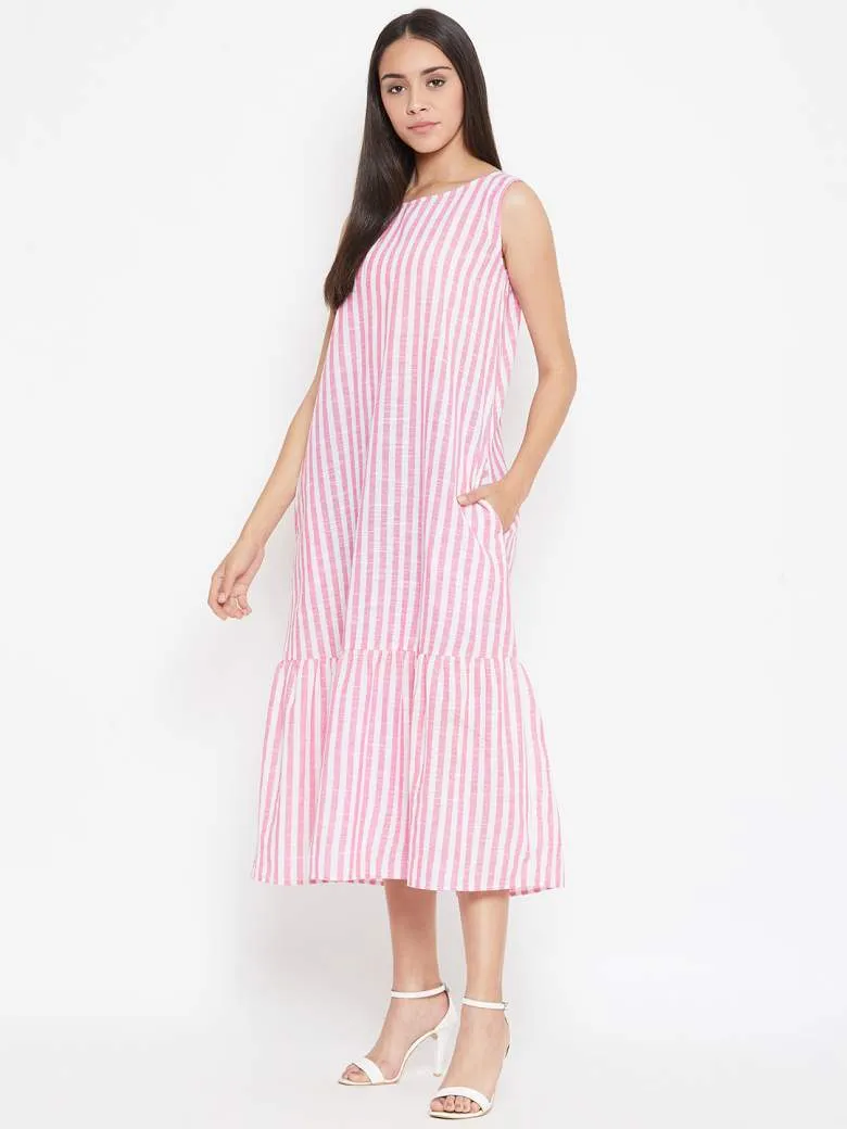 Long Pink Striped Dress In Cotton