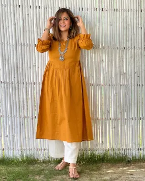 Mustard Cotton Aline Gathered Kurta