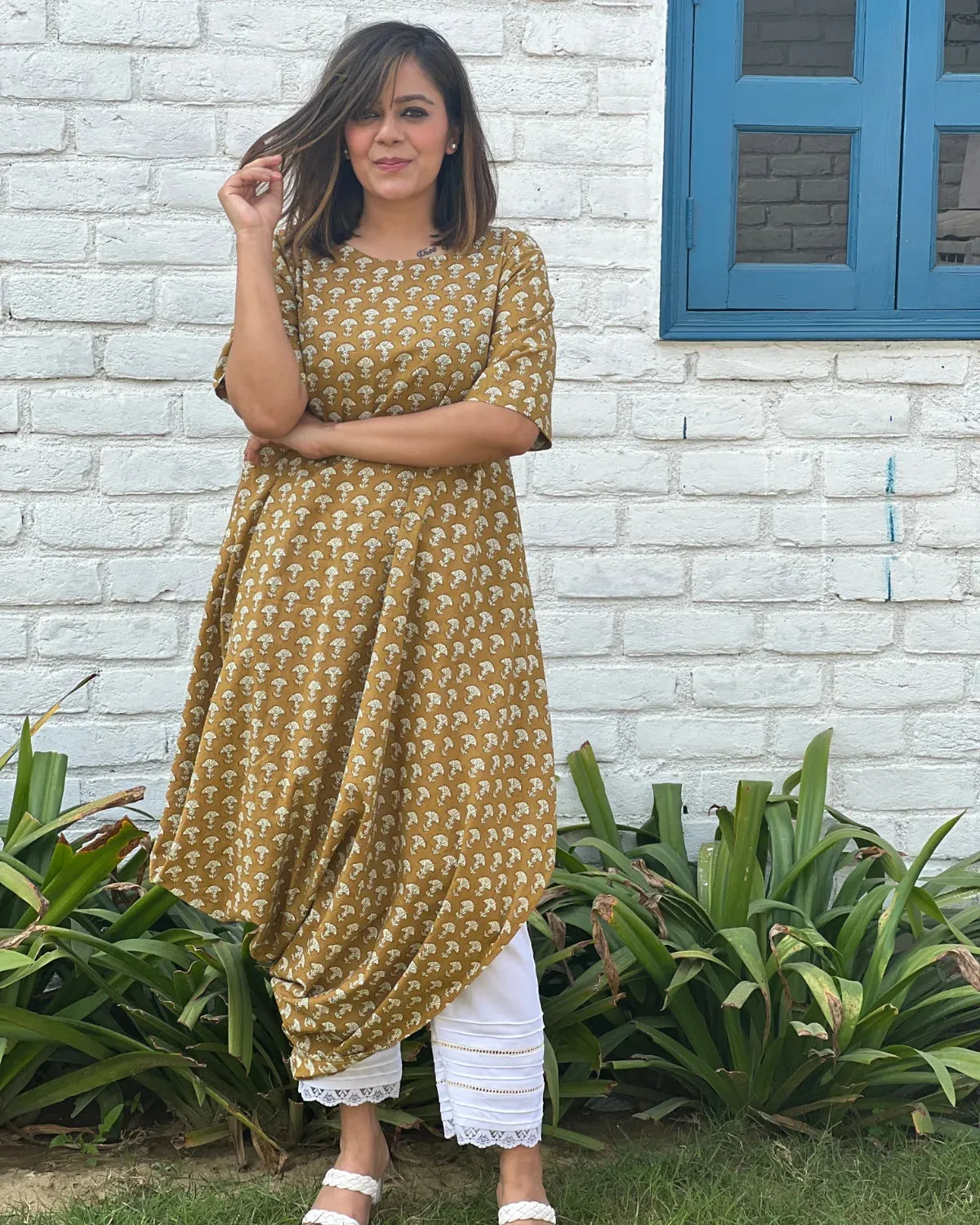 Ochre Cotton Printed Cowl Kurta