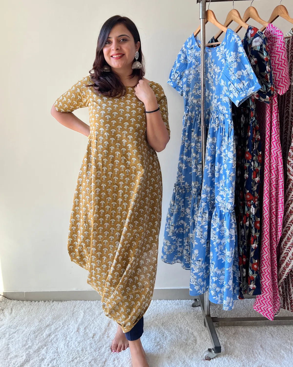 Ochre Cotton Printed Cowl Kurta