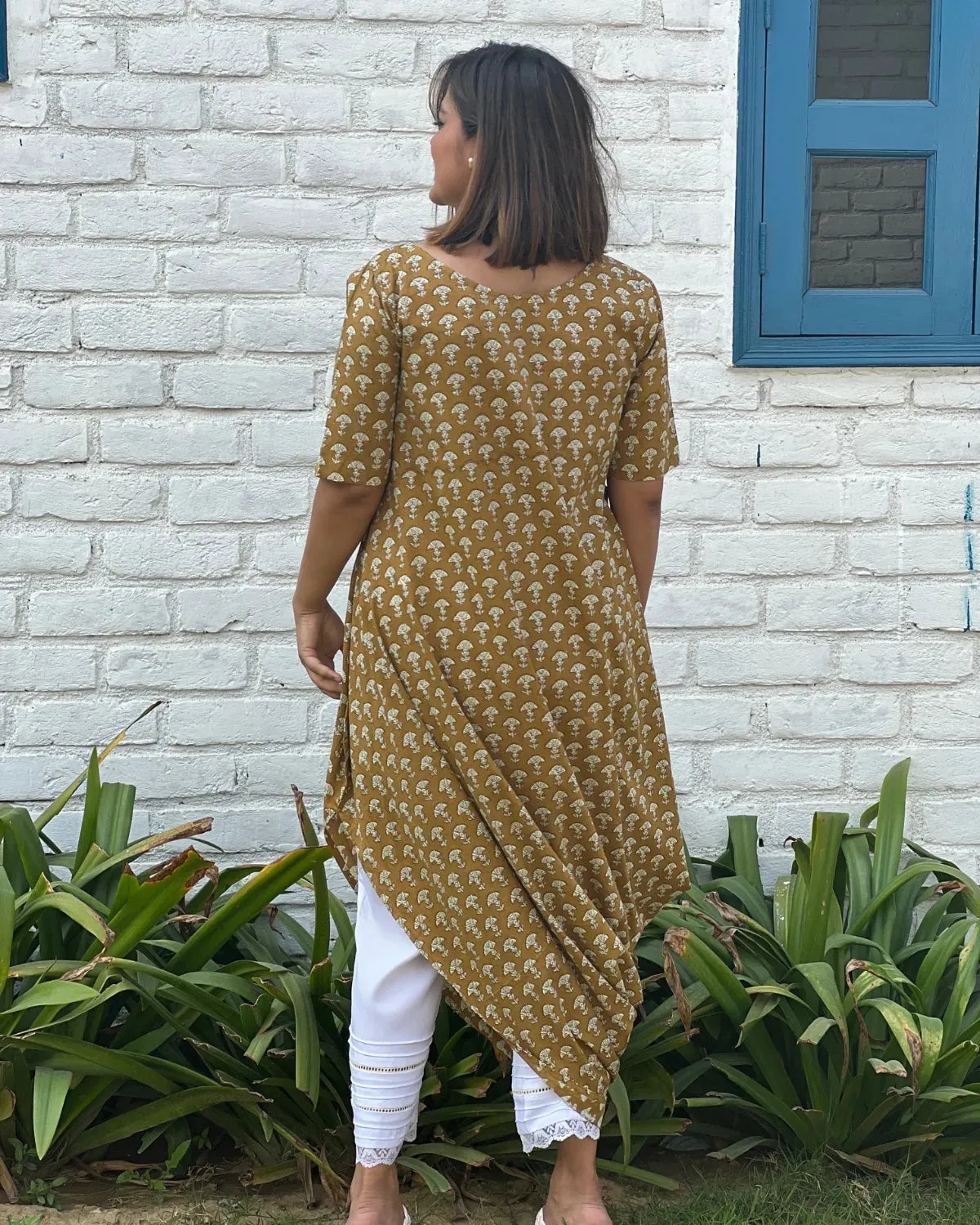 Ochre Cotton Printed Cowl Kurta