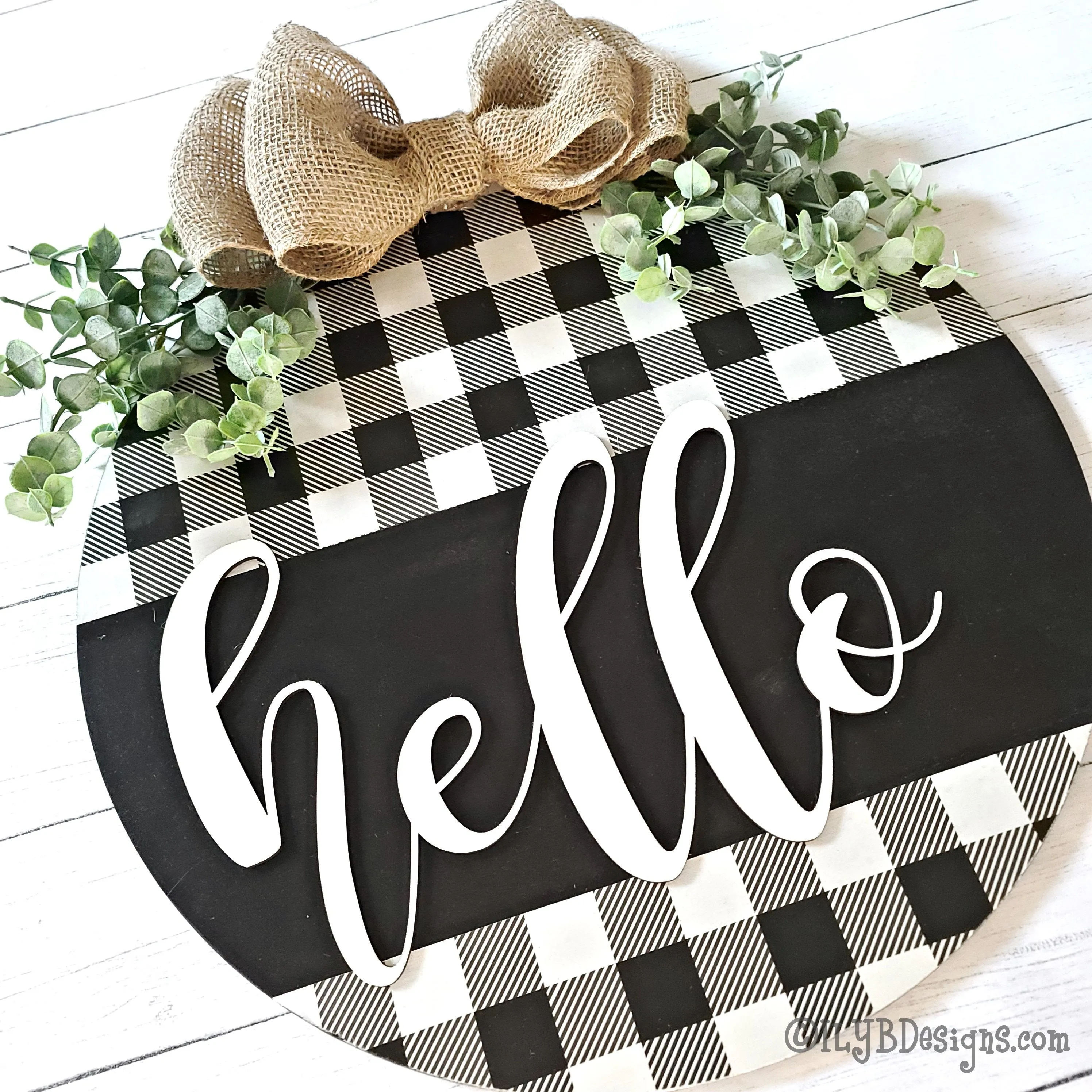 Round Hello Door Hanger | Black Buffalo Plaid Sign