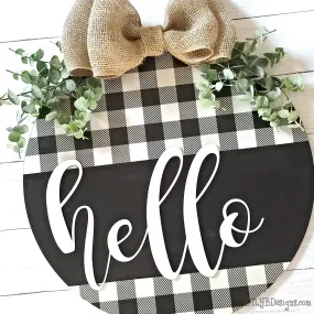 Round Hello Door Hanger | Black Buffalo Plaid Sign