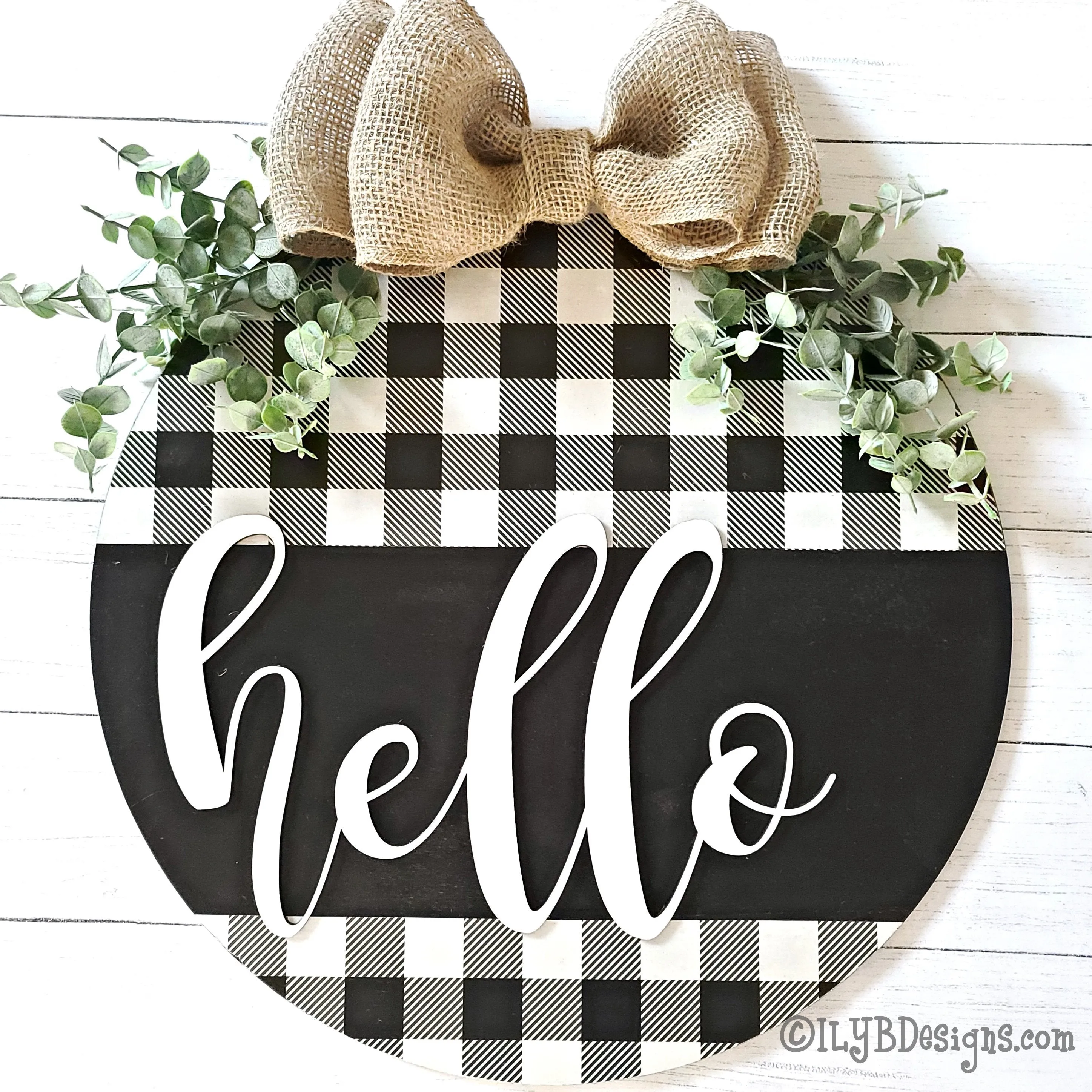 Round Hello Door Hanger | Black Buffalo Plaid Sign