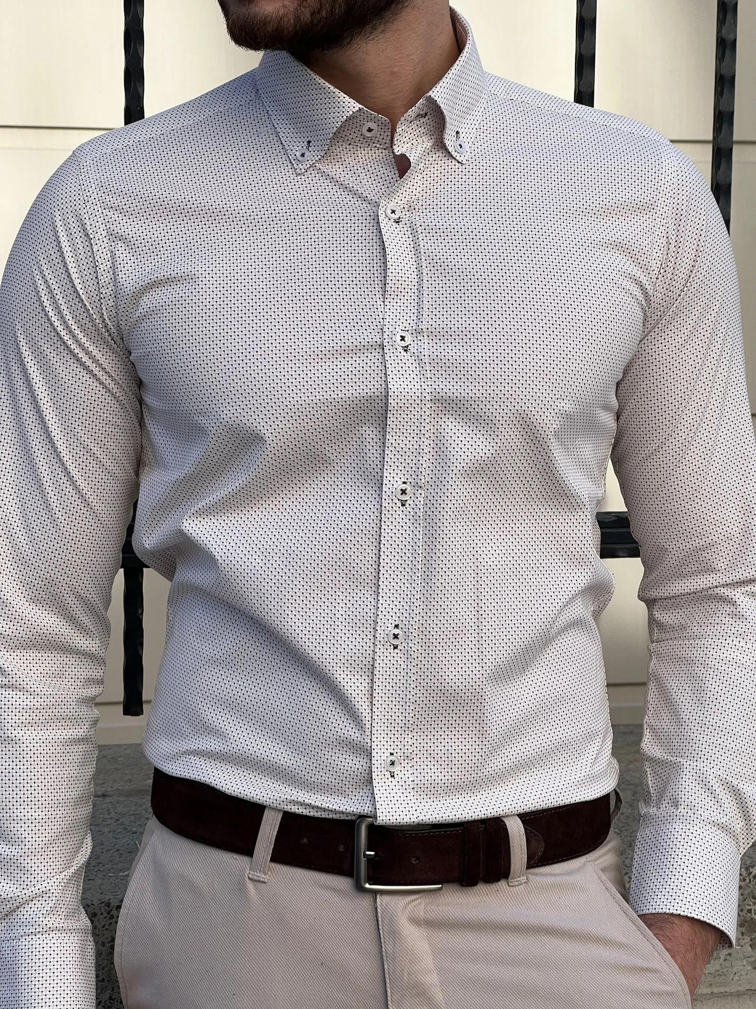 Slim Fit Patterned Cotton Beige Shirt