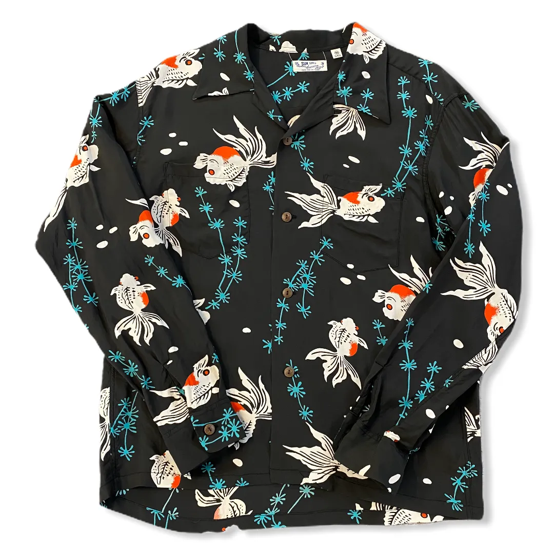 Sugarcane Sun Surf long sleeve Hawaiian shirt - Black Tropical Fish